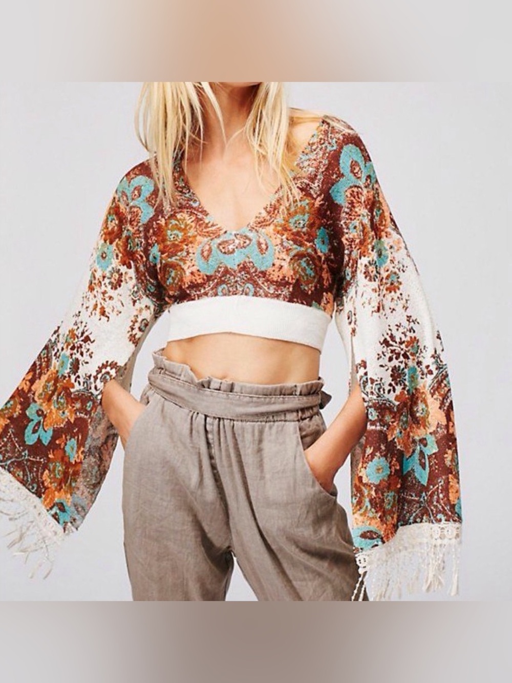Rare FREE PEOPLE Meet Me At Woodstock crop long sleeve/sweater